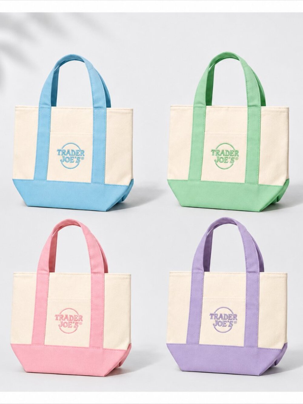 Trader Joe's Mini Pastel Canvas Tote Bag Set of 4 Pink Blue Green Lavender NWT